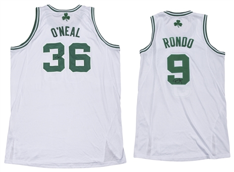 Lot of (2) Boston Celtics Signed Jerseys - 2010-11 Shaquille ONeal Home Game Jersey & Rajon Rondo Home Jersey (Player LOAs & JSA)